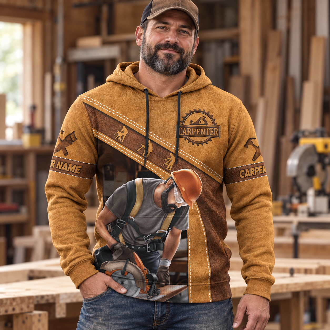 Carpenter hoodie featuring tan carpenter using circular saw all-over print, worn by a model