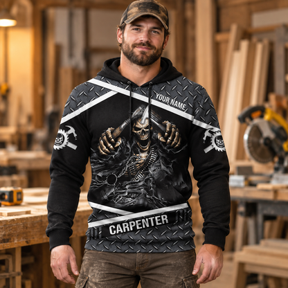 Personalized carpenter hoodie featuring black grey hooded skull all-over print, worn by a model