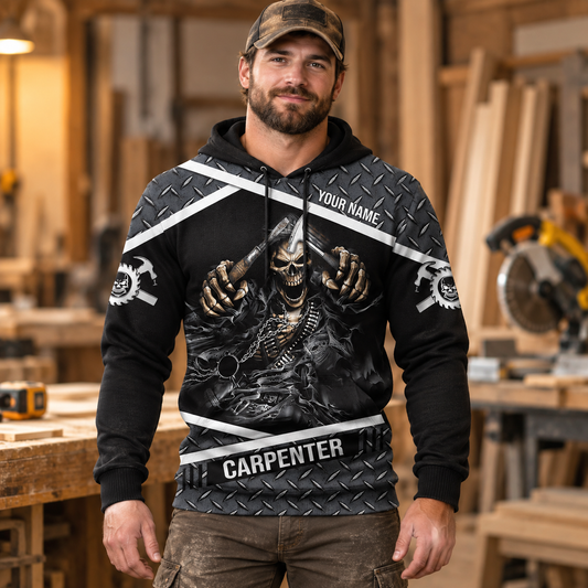 Personalized carpenter hoodie featuring black grey hooded skull all-over print, worn by a model