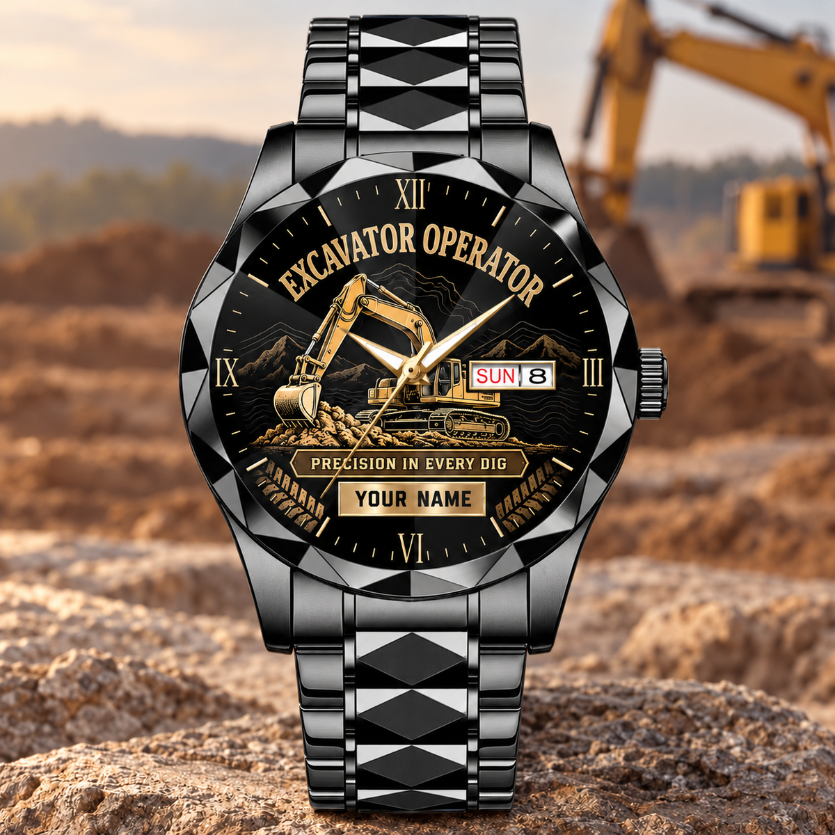 Personalized Excavator Operator Crystal Metal Watch - Faceted Legacy - Black
