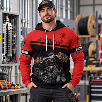 Personalized electrician hoodie featuring red black electrician skull all-over print, worn by a model