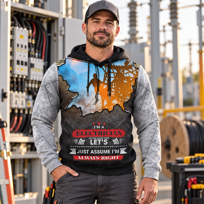 Personalized electrician hoodie featuring lineman storm all-over print, worn by a model