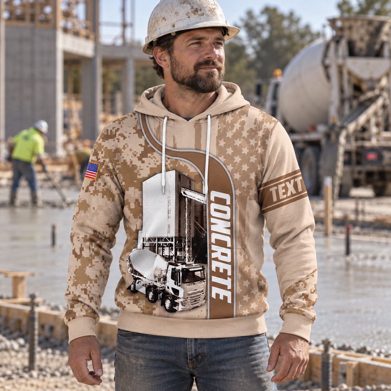 Concrete finisher hoodie featuring tan camouflage concrete mixer all-over print, worn by a model