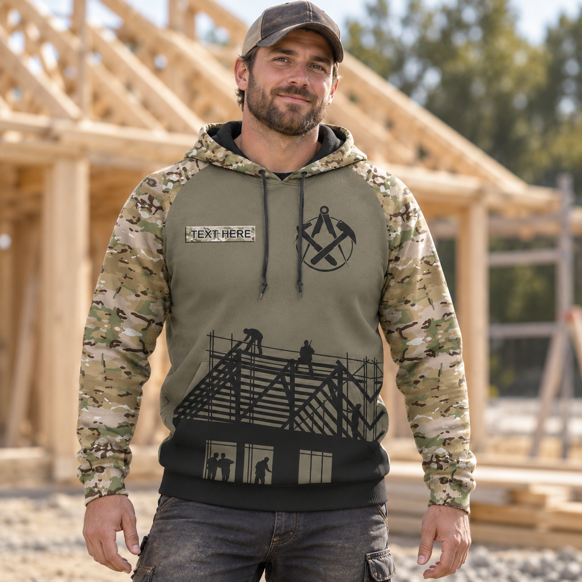 Roofer hoodie featuring olive camouflage roof frame all-over print, worn by a model