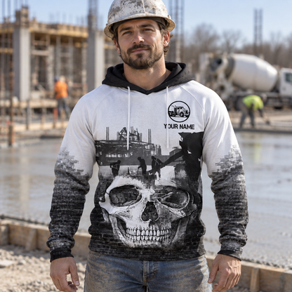 Concrete finisher hoodie featuring white grey concrete skull all-over print, worn by a model