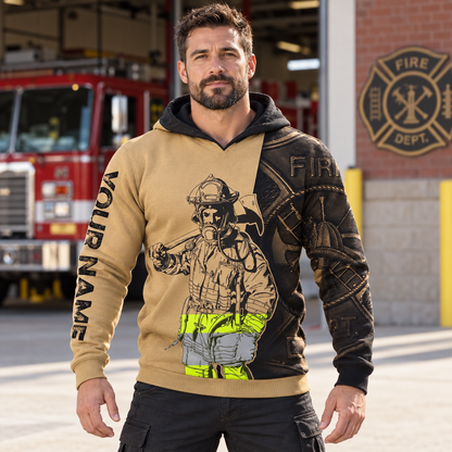 Personalized firefighter hoodie featuring tan firefighter illustration all-over print, worn by a model