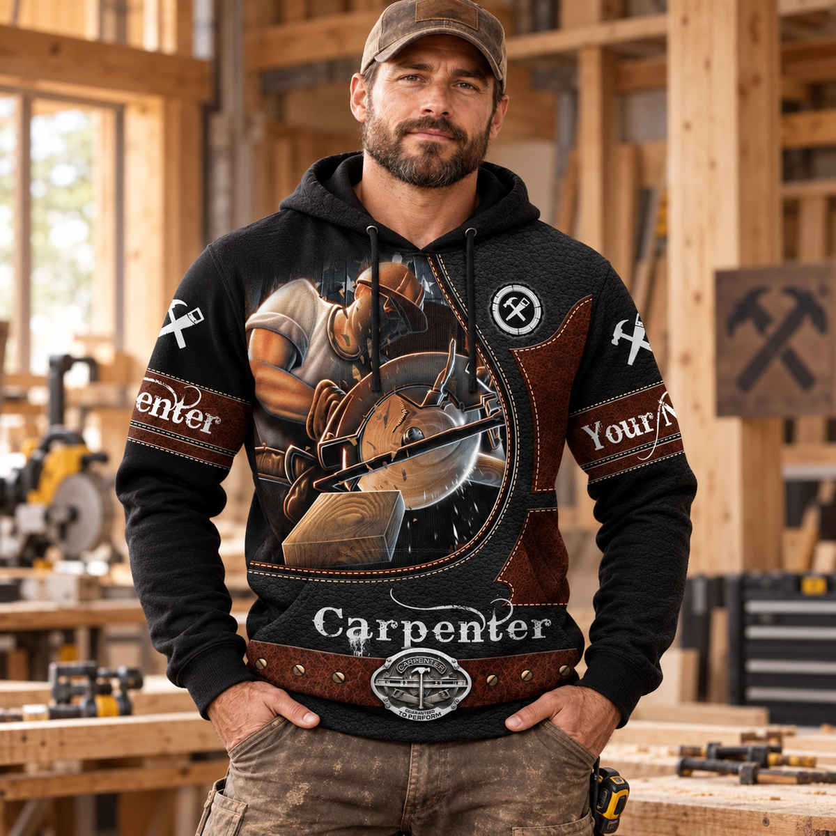 Personalized carpenter hoodie featuring dark woodworking tools all-over print, worn by a model