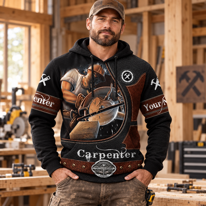 Personalized carpenter hoodie featuring dark woodworking tools all-over print, worn by a model