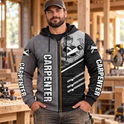 Personalized carpenter hoodie featuring metal pattern all-over print, worn by a model
