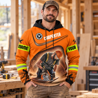 Personalized carpenter hoodie featuring orange woodworking tools all-over print, worn by a model