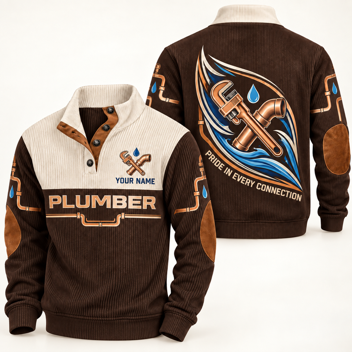 Personalized Plumber Sports Sweatshirt - Heritage Collar - Brown
