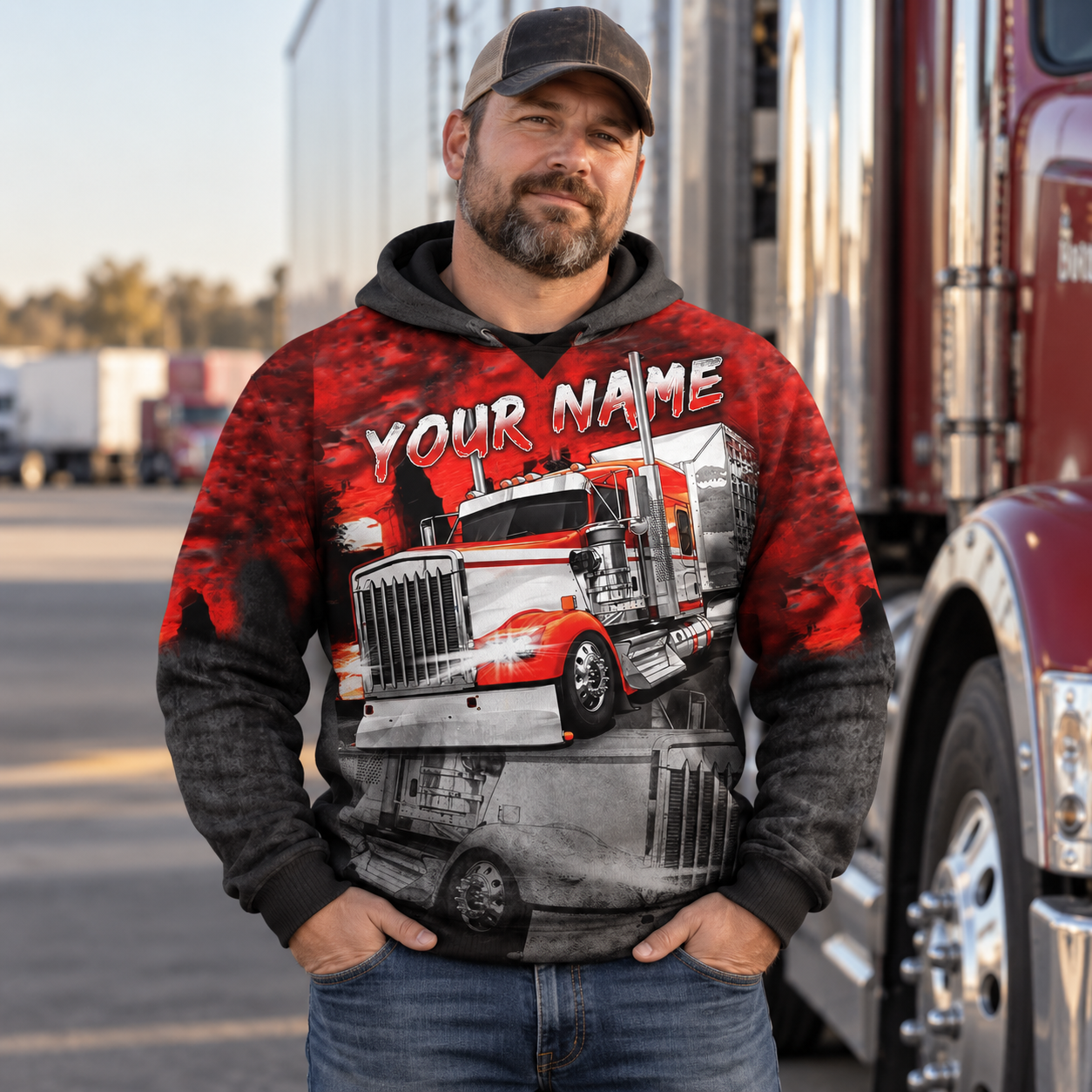 Personalized trucker hoodie featuring red black semi truck all-over print, worn by a model