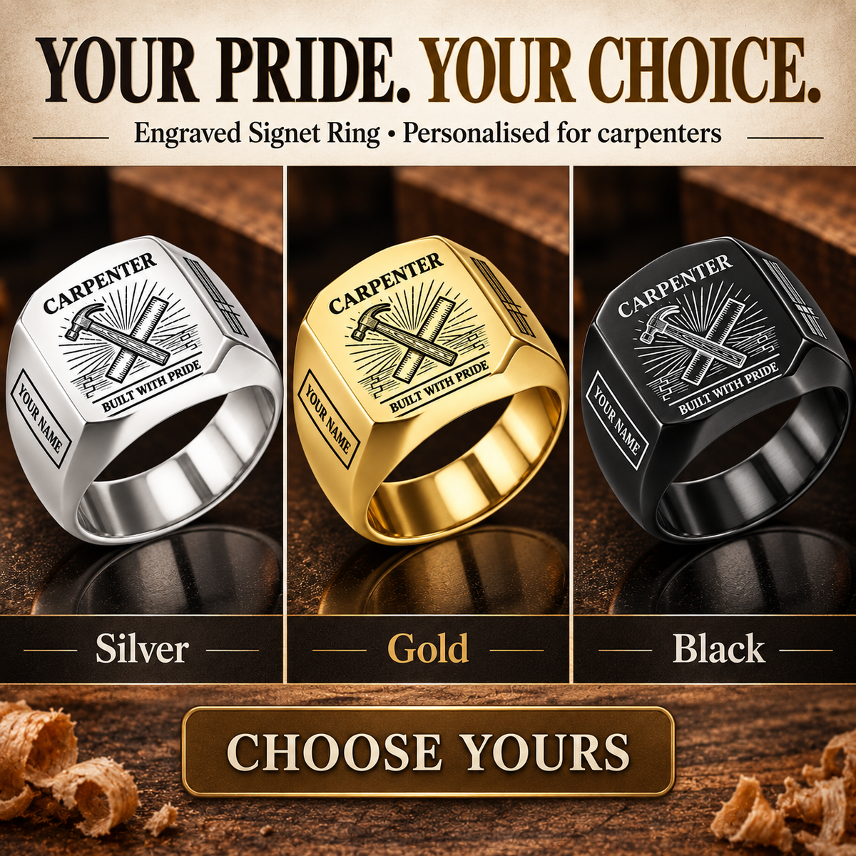 Personalized Carpenter Engraved Signet Ring - Sunburst Legacy - advertising image