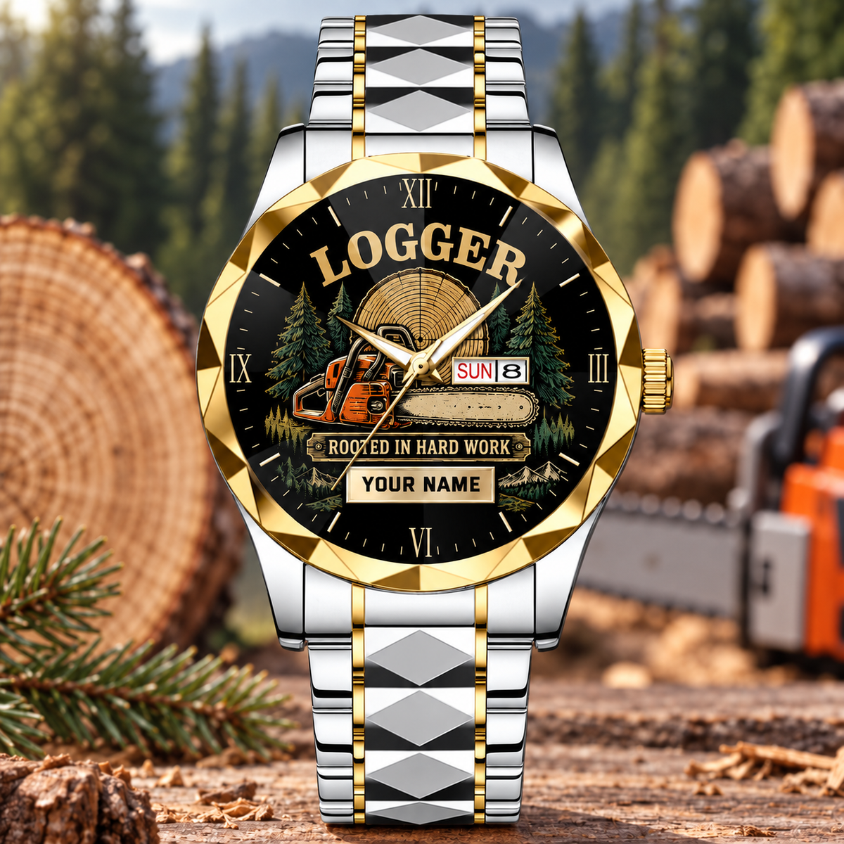 Personalized Logger Crystal Metal Watch - Faceted Legacy - Silver Gold