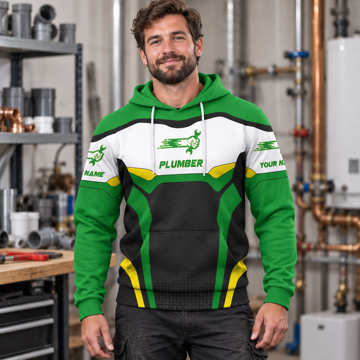 Personalized plumber hoodie featuring green white plumbing badge all-over print, worn by a model