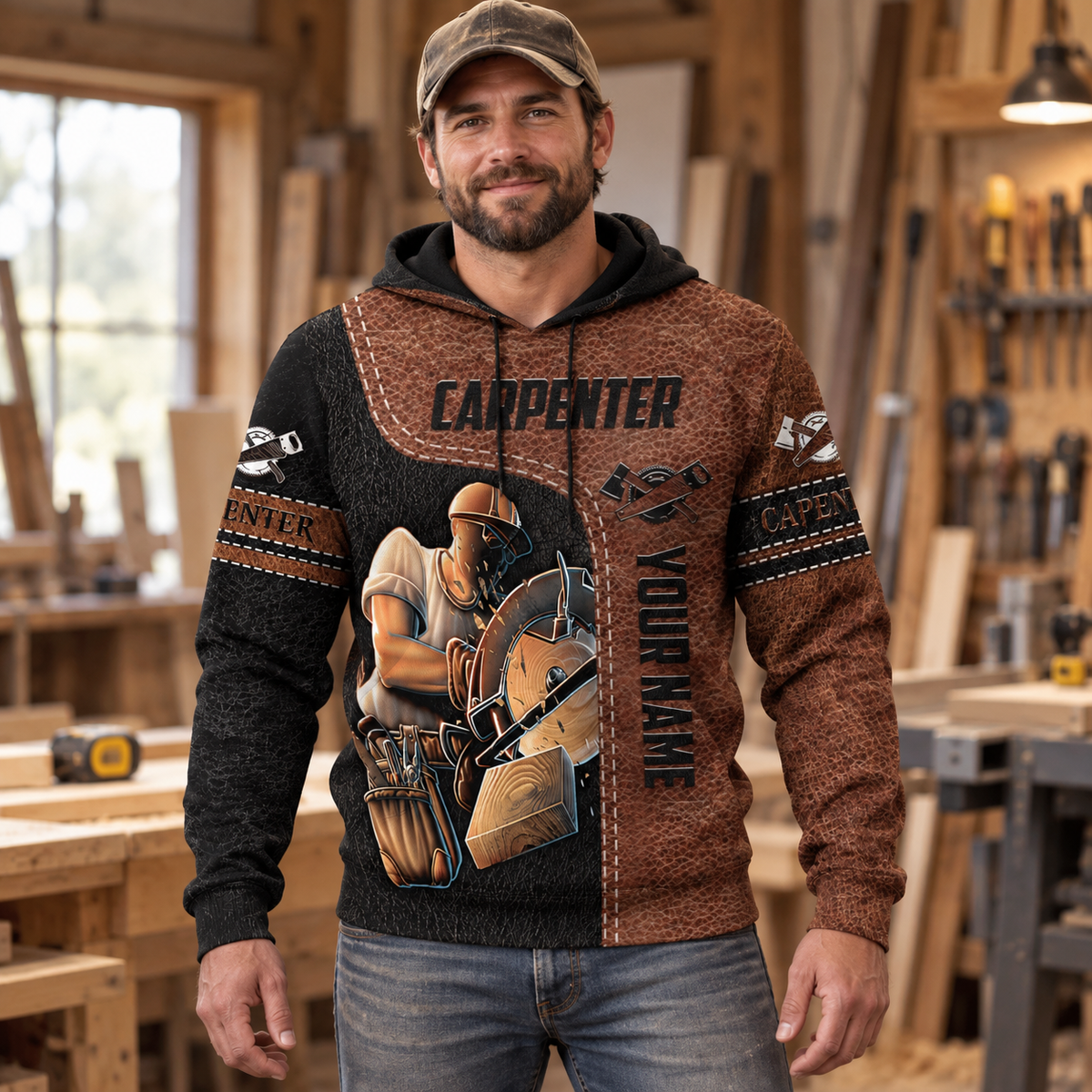 Personalized carpenter hoodie featuring brown leather print circular saw all-over print, worn by a model
