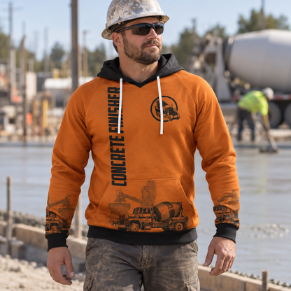 Concrete finisher hoodie featuring orange concrete mixer and engineers quote all-over print, worn by a model