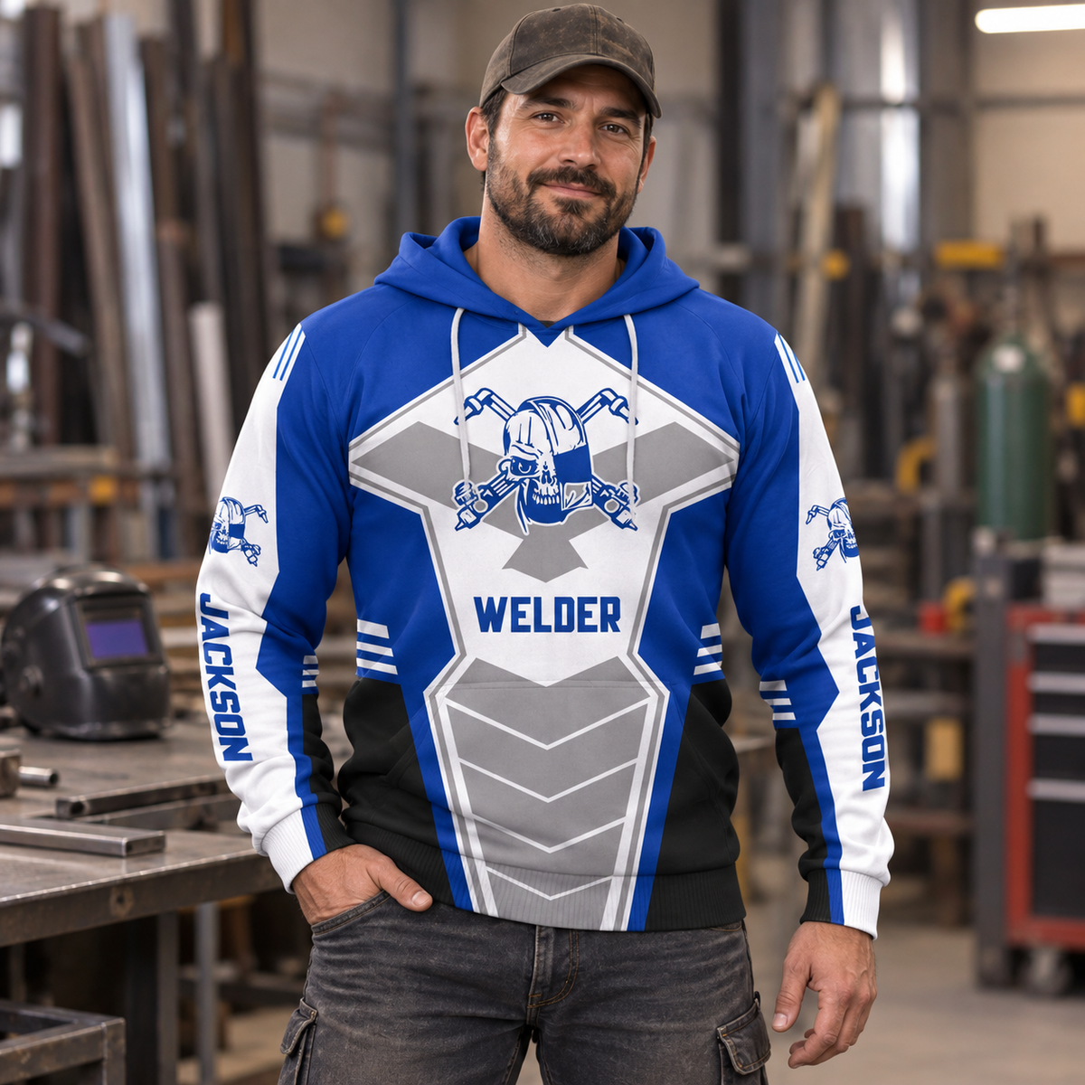 Personalized welder hoodie featuring blue white welding badge all-over print, worn by a model