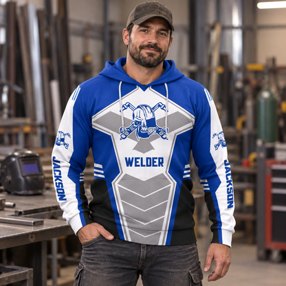 Personalized welder hoodie featuring blue white welding badge all-over print, worn by a model
