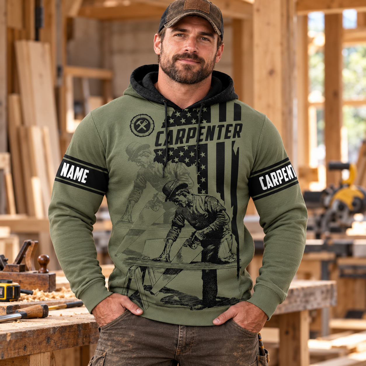 Personalized carpenter hoodie featuring vintage trade all-over print, worn by a model
