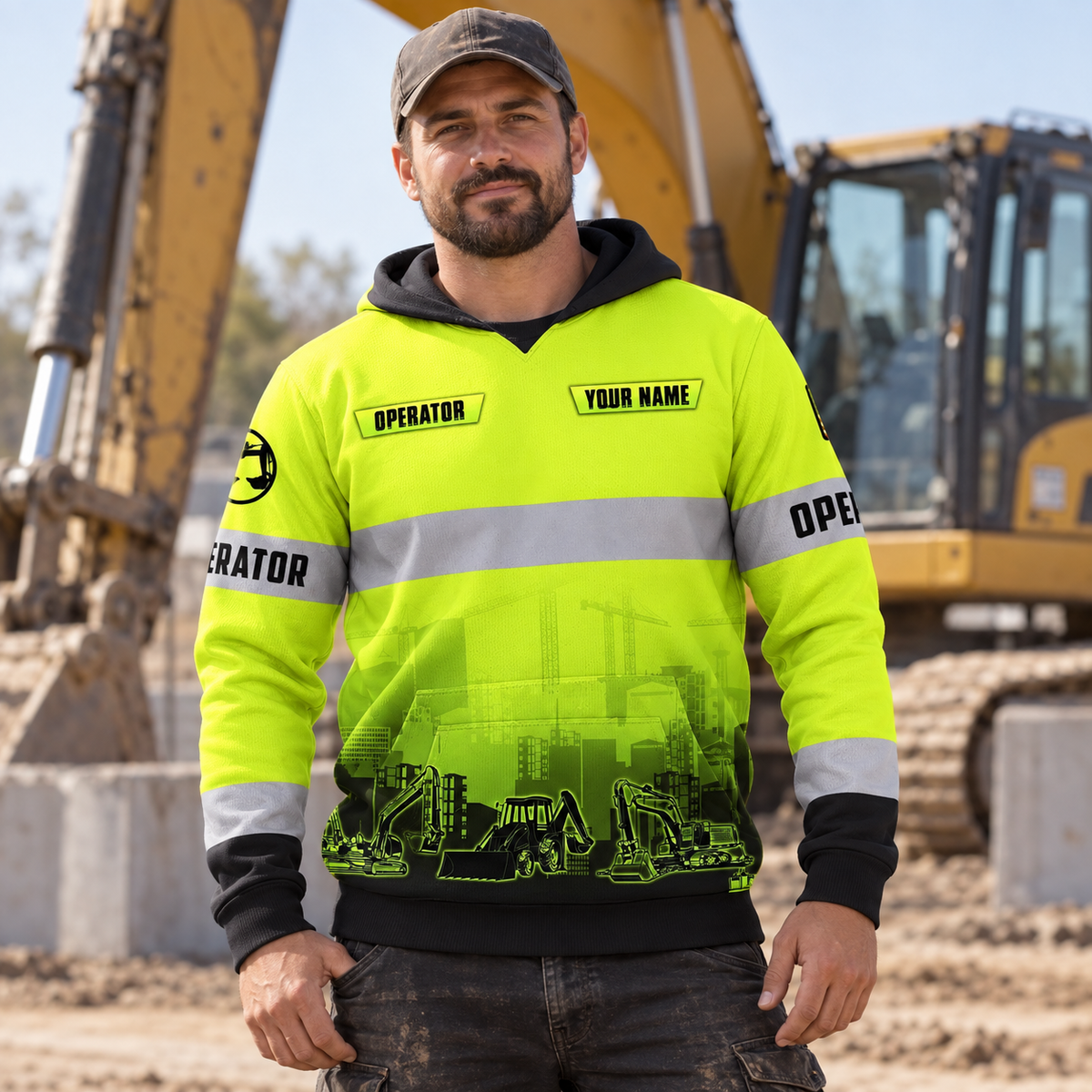Personalized excavator operator hoodie featuring yellow grey stripe excavator fleet all-over print, worn by a model