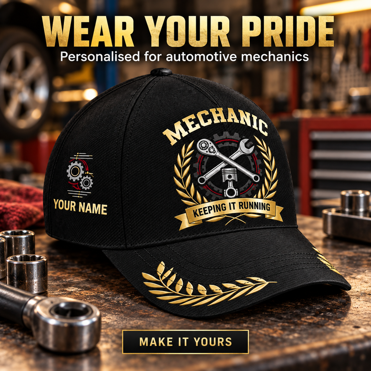Personalized Mechanic Baseball Cap - Black Gold Legacy - advertising image