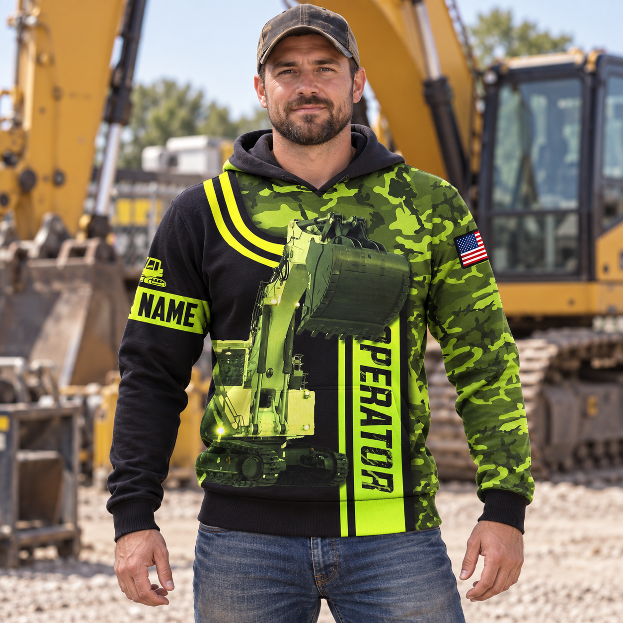 Personalized excavator operator hoodie featuring green camo excavator bucket all-over print, worn by a model