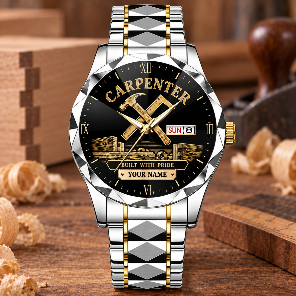 Personalized Carpenter Crystal Metal Watch - Faceted Legacy - Silver Gold Chain