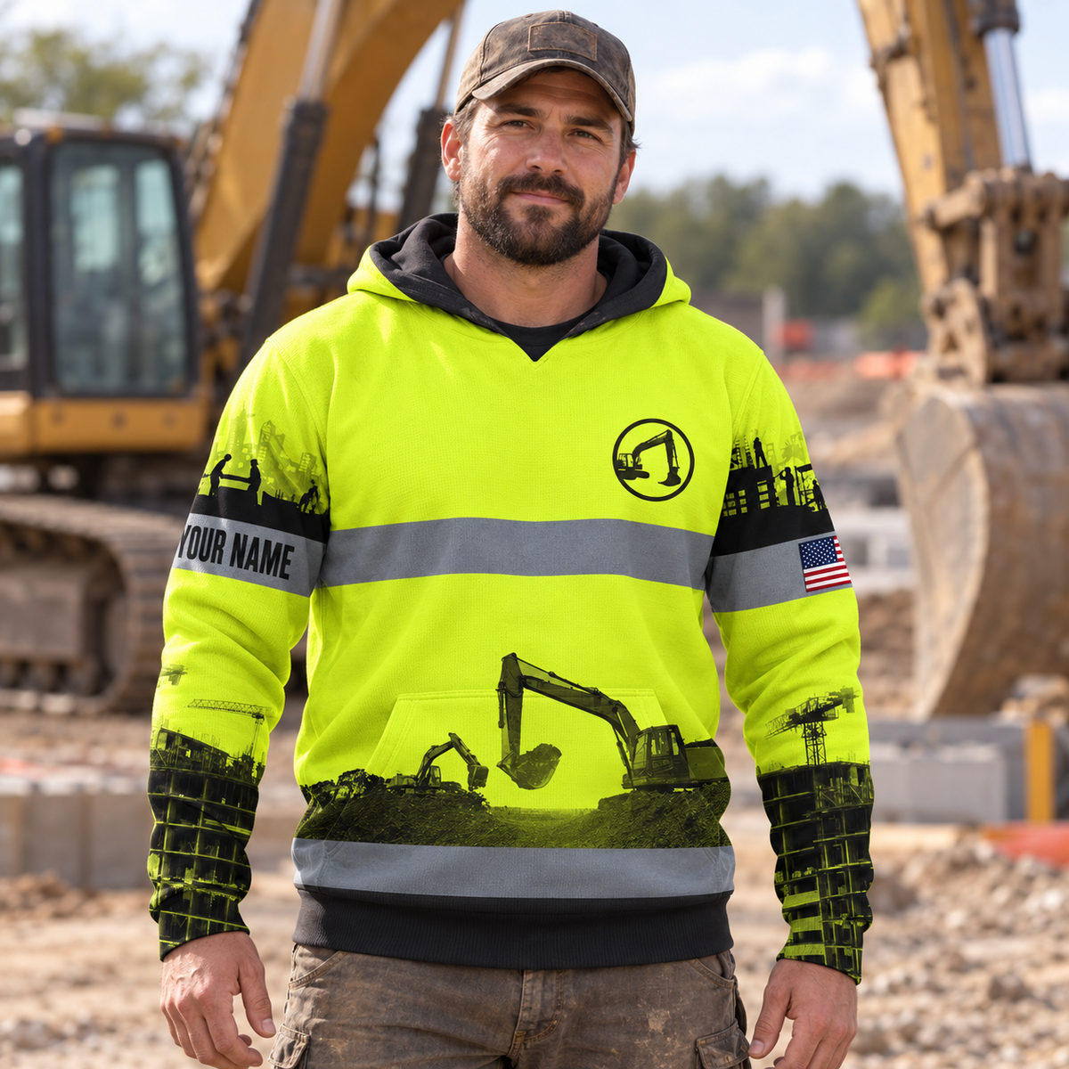 Personalized excavator operator hoodie featuring yellow grey stripe excavator landscape all-over print, worn by a model