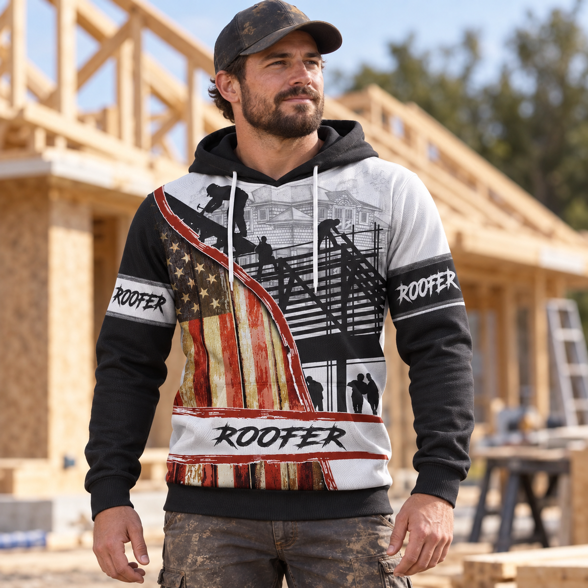 Roofer hoodie featuring black white american flag roof frame all-over print, worn by a model