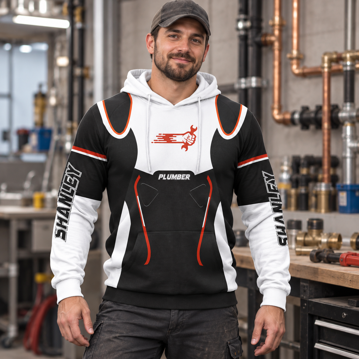 Personalized plumber hoodie featuring black white red plumbing badge all-over print, worn by a model