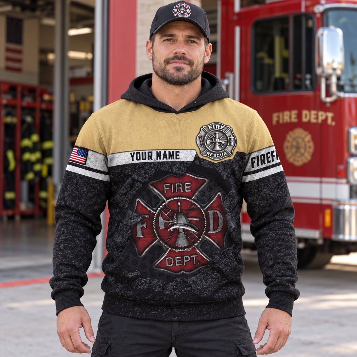 Personalized firefighter hoodie featuring tan and black fire department all-over print, worn by a model