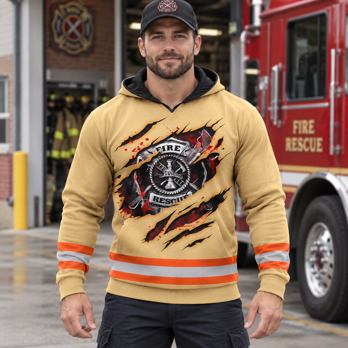 Personalized firefighter hoodie featuring orange stripe fire rescue print all-over print, worn by a model