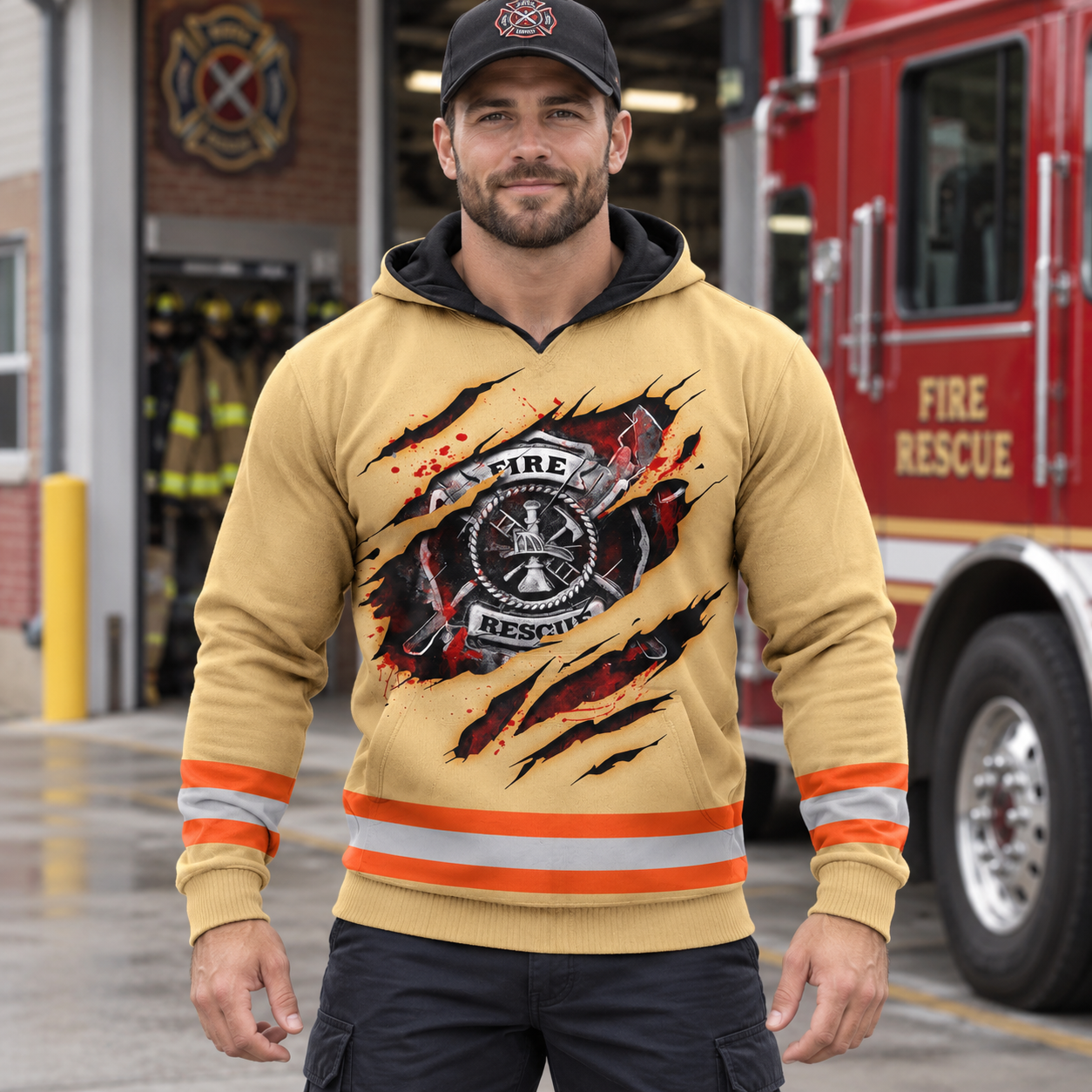 Personalized firefighter hoodie featuring orange stripe fire rescue print all-over print, worn by a model