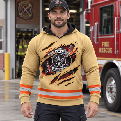 Personalized firefighter hoodie featuring orange stripe fire rescue print all-over print, worn by a model