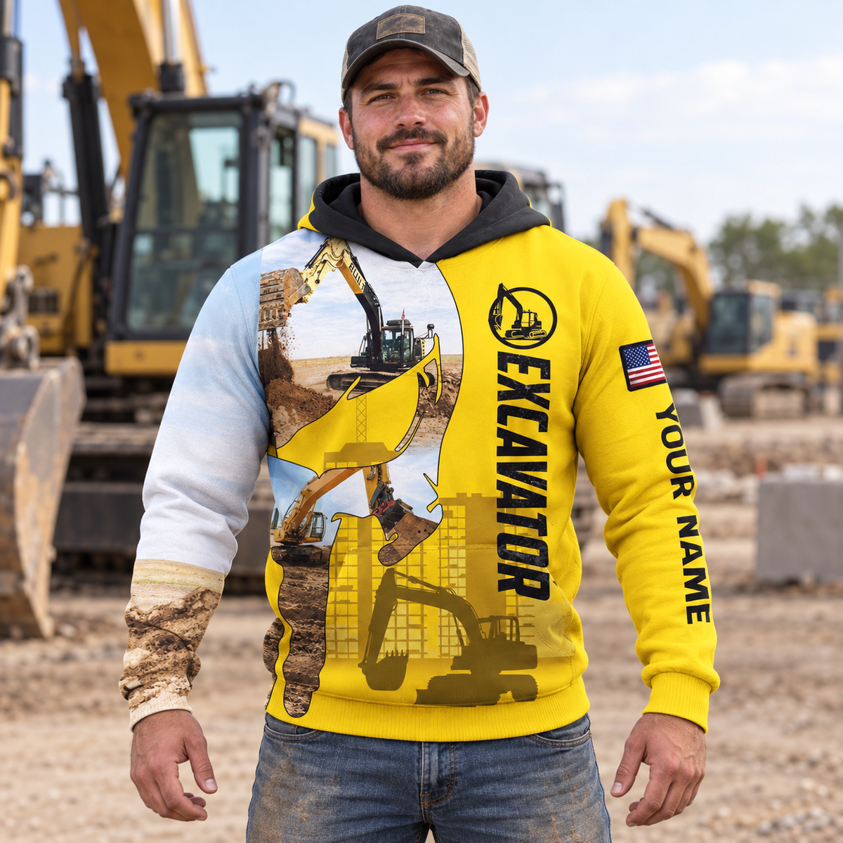 Personalized excavator operator hoodie featuring yellow excavator collage all-over print, worn by a model