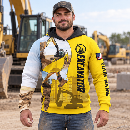 Personalized excavator operator hoodie featuring yellow excavator collage all-over print, worn by a model