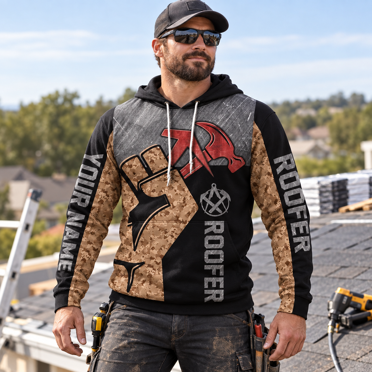 Roofer hoodie featuring vintage roofing tools all-over print, worn by a model