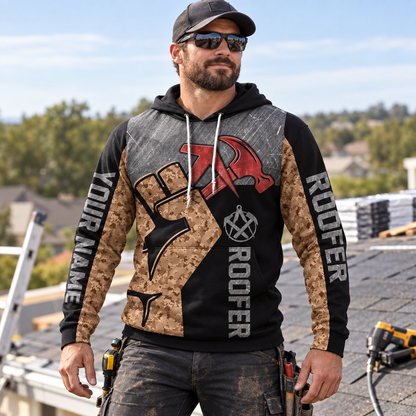 Roofer hoodie featuring vintage roofing tools all-over print, worn by a model