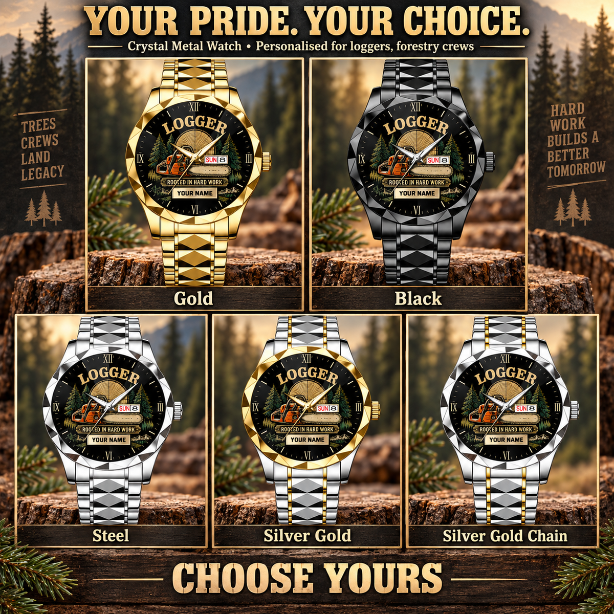 Personalized Logger Crystal Metal Watch - Faceted Legacy - advertising image
