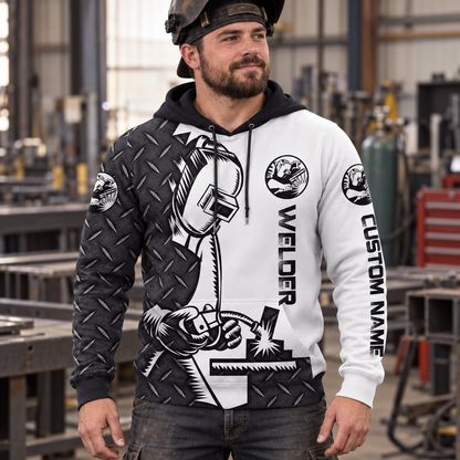 Personalized welder hoodie featuring black white diamond plate welding tools all-over print, worn by a model