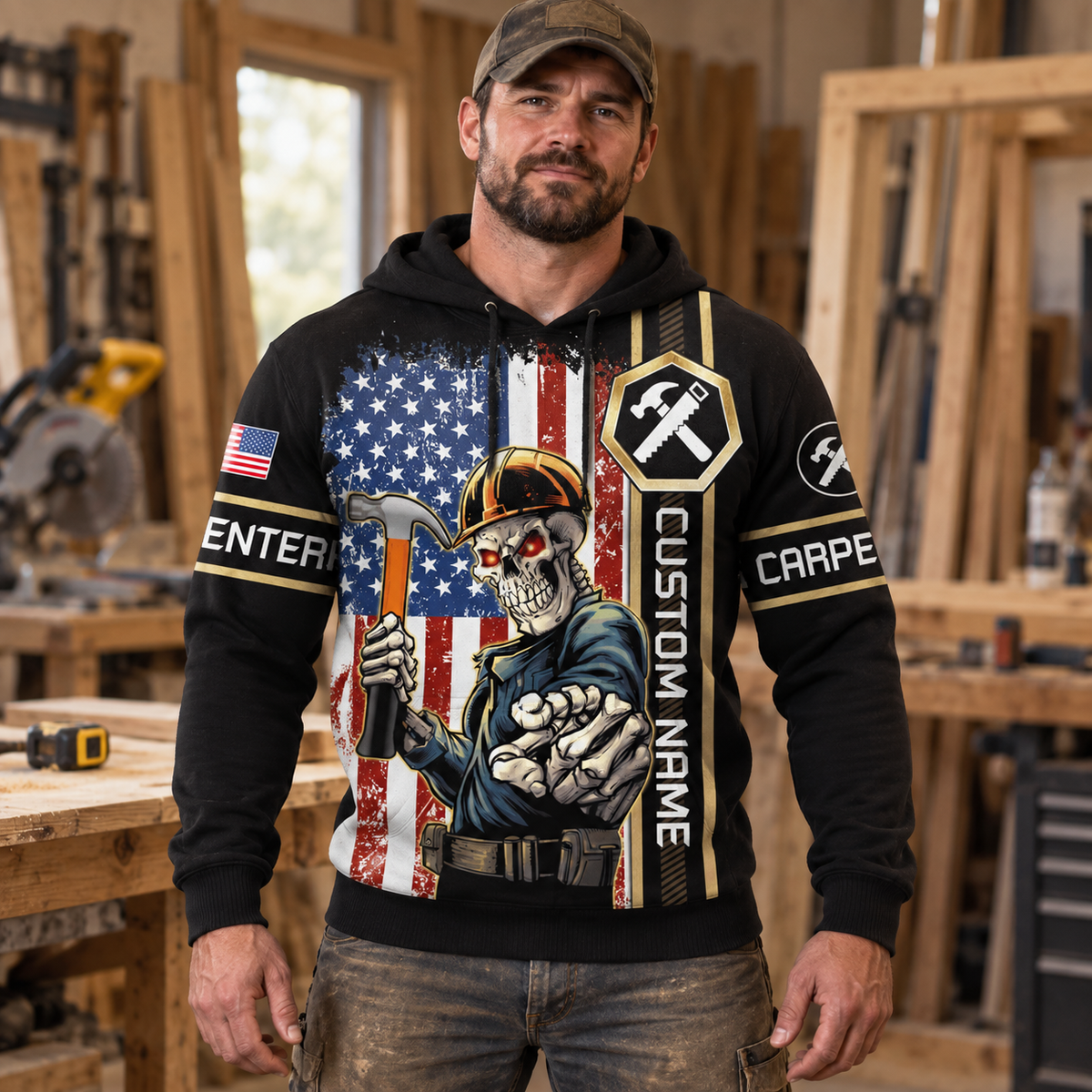 Personalized carpenter hoodie featuring american flag carpenter skull all-over print, worn by a model