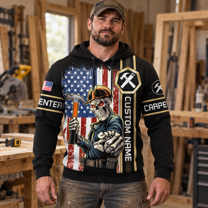 Personalized carpenter hoodie featuring american flag carpenter skull all-over print, worn by a model