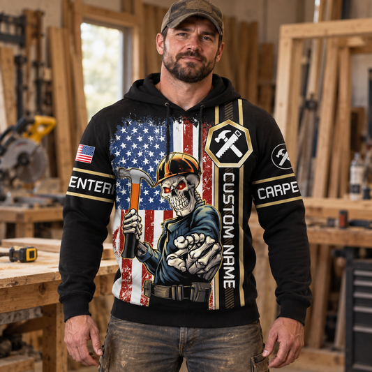 Personalized carpenter hoodie featuring american flag carpenter skull all-over print, worn by a model