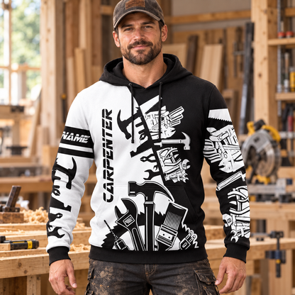 Personalized carpenter hoodie featuring black white tools all-over print, worn by a model