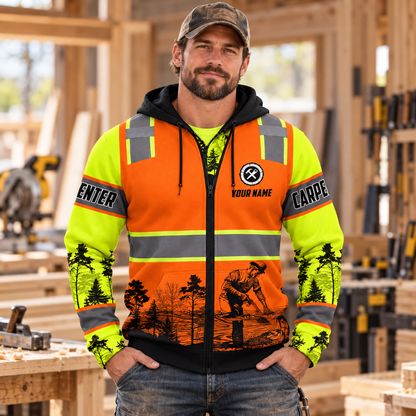 Personalized carpenter hoodie featuring orange vest print and woodworking scene all-over print, worn by a model