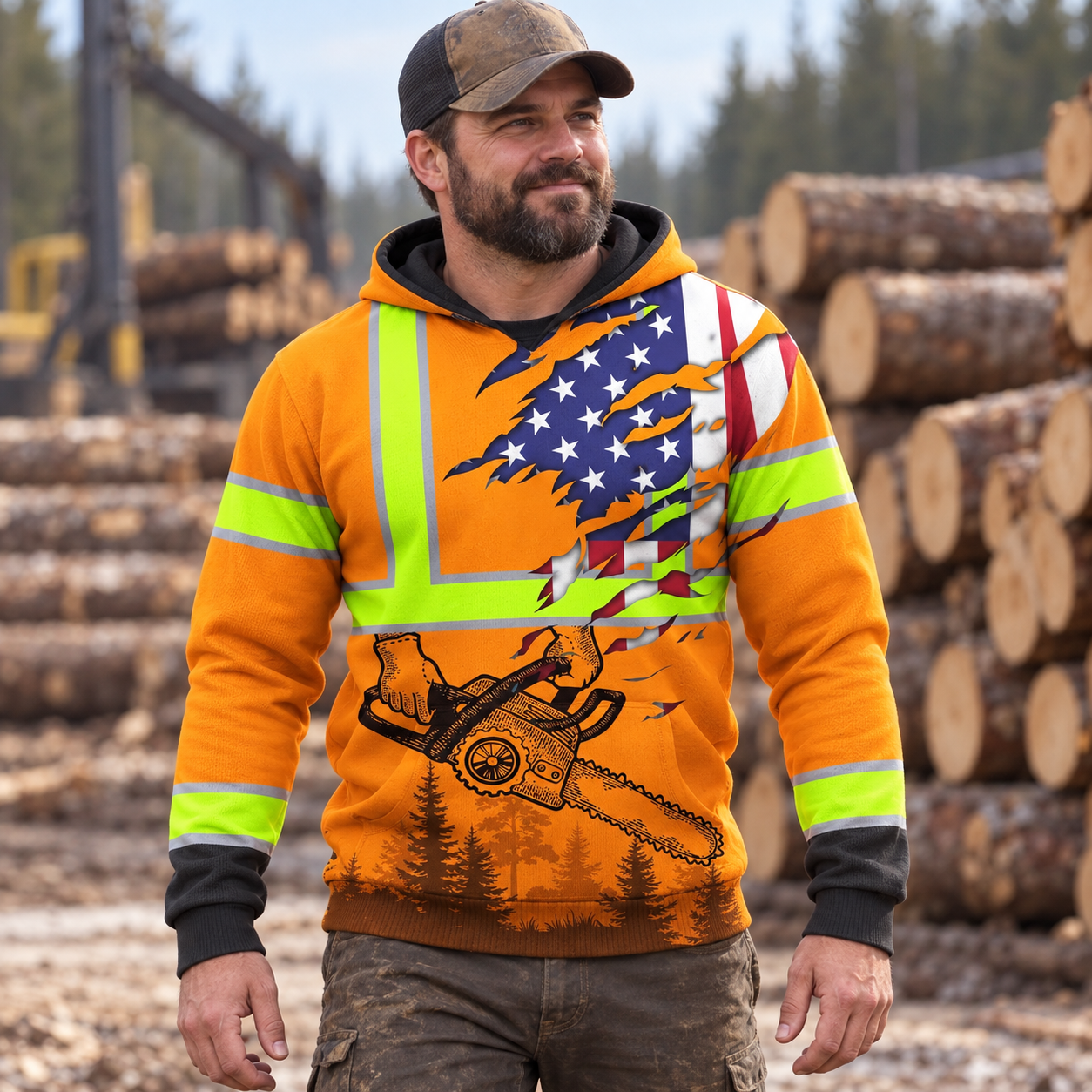 Personalized logger hoodie featuring orange american flag crossed chainsaws all-over print, worn by a model