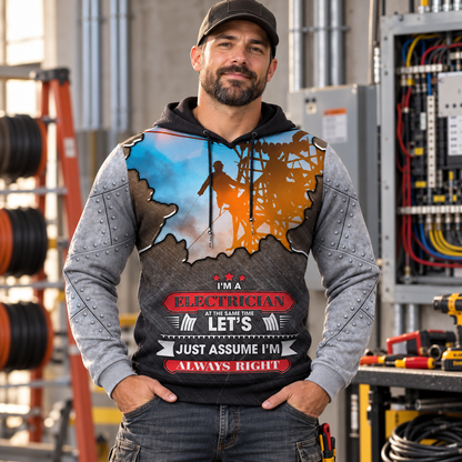 Personalized electrician hoodie featuring storm powerline all-over print, worn by a model