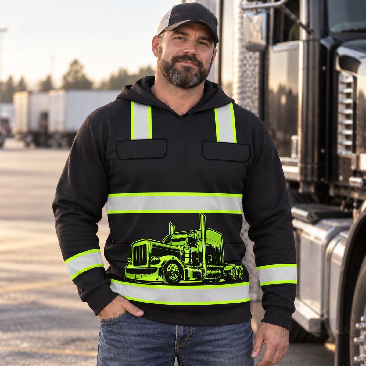 Personalized trucker hoodie featuring black yellow stripe semi truck all-over print, worn by a model
