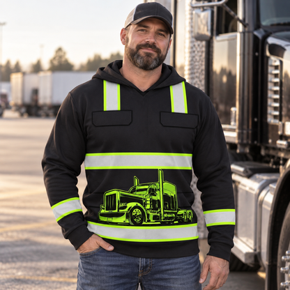 Personalized trucker hoodie featuring black yellow stripe semi truck all-over print, worn by a model